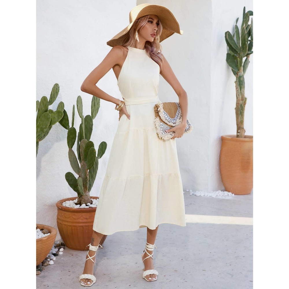 boho Solid Layered Hem Halter Neck Cut Out Waist maxi Dress - Picture 6 of 11